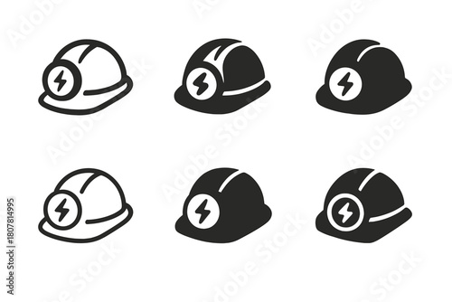 Efficient Mining Energy Icons. Efficient energy use in mining industries. Icon set. Set Logo of efficient energy use in mining industries: helmet lamp glowing