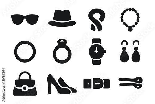 Fashion Icon Set. Fashion Identity. Solid icon set of Fashion Identity: sunglasses, hat, scarf, necklace, bracelet, ring, watch, earrings, bag, shoes, belt,