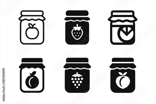 Homemade Jam Logos. Making your own homemade jam. Icon set. Set Logo of Homemade Jam: glass jar filled with jam and a fruit label. harmonious logo variations