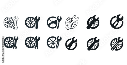 Set of bicycle repair icons with wrench and tire designs