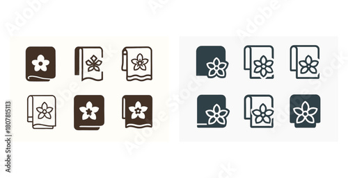 Stylized floral towel icons in brown and gray on white background