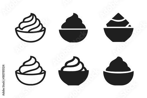 Mashed Potato Icons. Mashed potato mound. Icon set. Set Logo of mashed potato mound: swirl-patterned mashed potatoes served in a bowl. harmonious