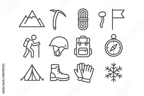 Mountain Expedition Icons. Mountain expedition. Line icon set of mountain expedition: mountain peak, ice axe, rope, flag, climber, helmet, backpack, compass,