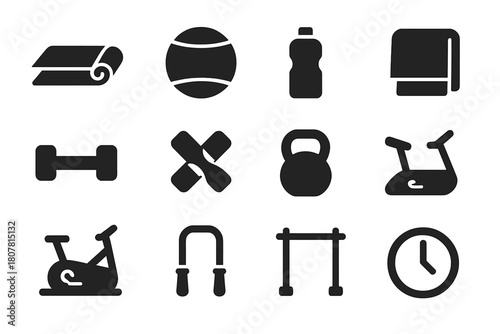 Yoga Equipment Icons. Yoga session. Solid icon set of Yoga session: yoga mat, yoga ball, water bottle, towel, dumbbell, resistance band, kettlebell, treadmill,