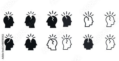 Silhouette heads with cracks and lightbulb idea symbol in black and white