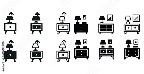 Collection of black and white icons of tables with lamps and drawers