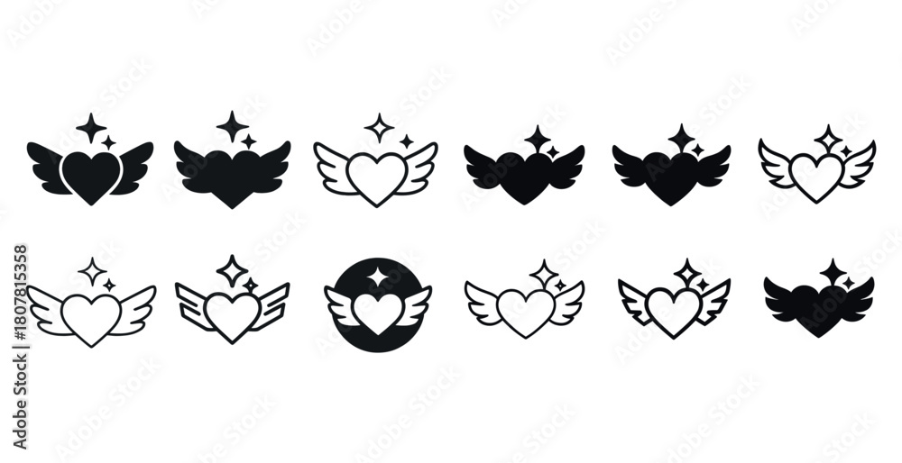 Naklejka premium Minimalist heart and wings icons with stars in black and white design
