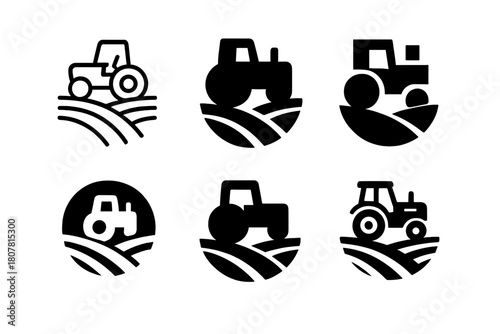 Farm Logo Variations. Collective farm. Icon set. Set Logo of collective farm: tractor. harmonious logo variations of the same emblematic concept, each with