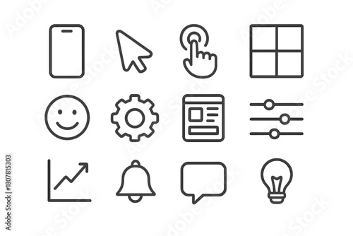 Mobile UX Icon Set. Mobile user experience. Line icon set of mobile user experience: smartphone, cursor, tap gesture, layout grid, smile face, gear, interface,