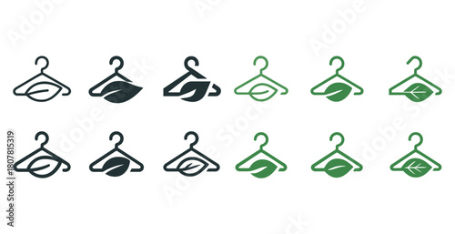 Eco-friendly clothing hanger icons with leaf design in green and black