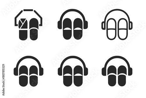 Work-from-Home Icons. work-from-home fashion. Icon set. Set Logo of work-from-home fashion: slippers and headset combo. harmonious logo variations of the same