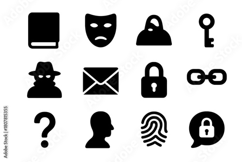Mystery Icon Set. Concealed Mystery. Solid icon set of Concealed Mystery: closed book, locked diary, mask, key, shadowed face, envelope, padlock, chains,