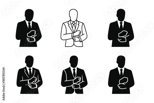 Suit Logo Variations. Wearing suit. Icon set. Set Logo of wearing suit: person silhouette straightening cuffs on blazer. harmonious logo variations of the same