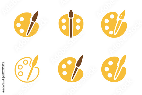 Children's Hobby Logos. Children's hobbies (reading, cycling, painting). Icon set. Set Logo of children's hobbies: paint palette and brush. harmonious logo