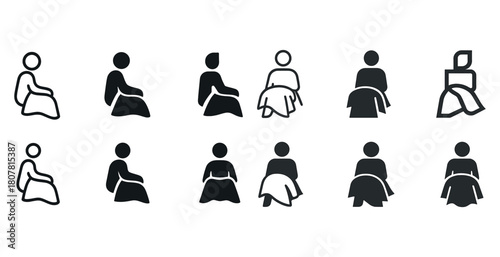 Diverse sitting women icon set in various styles and postures