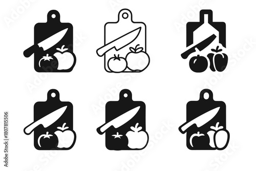 Home Cooking Logos. Home cooking. Icon set. Set Logo of home cooking: cutting board with knife and vegetables. harmonious logo variations of the same