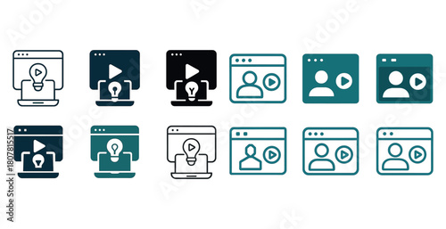 Icon set for online video calls and idea sharing with video play and lightbulb symbols