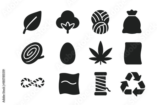 Natural Materials Icons. Natural materials. Solid icon set of natural materials: leaf, cotton, bamboo, wool, wood, silk cocoon, hemp, jute, rope, fabric,