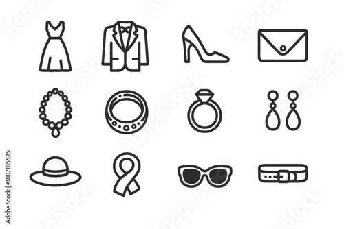 High Fashion Icons. High fashion items. Line icon set of High fashion items: gown, tuxedo, stiletto heels, clutch bag, necklace, bracelet, ring, earrings, hat,