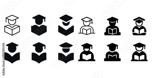 Graduation cap icon set with book symbol in black and white variations
