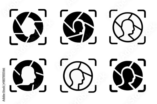 Facial Recognition Logos. Facial recognition. Icon set. Set Logo of facial recognition: camera lens with face aperture motif. harmonious logo variations of the