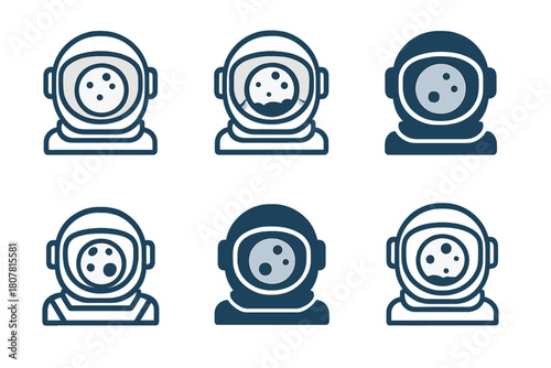 Lunar Exploration Icons. Lunar exploration and moon missions. Icon set. Set Logo of Lunar Exploration: astronaut helmet reflection of the moon. harmonious logo