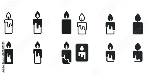 Set of candle icons: diverse wax designs with flames