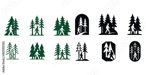 Hiking trail symbol set with evergreen trees and walkers