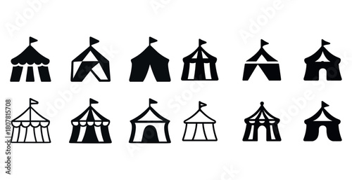 Collection of various black and white circus tent silhouettes in different styles