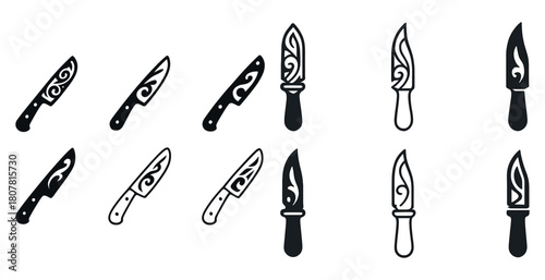 Set of decorative knife icons with ornamental designs