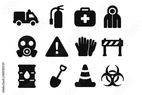 Emergency Icon Set. Emergency Response. Solid icon set of Emergency Response: emergency truck, fire extinguisher, first aid kit, hazmat suit, gas mask, warning