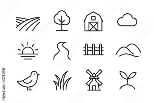 Rural Icon Set. Rural Landscape. Line icon set of Rural Landscape: field rows, tree, barn, cloud, sun, path, fence, hill, bird, grass, windmill, plant. All