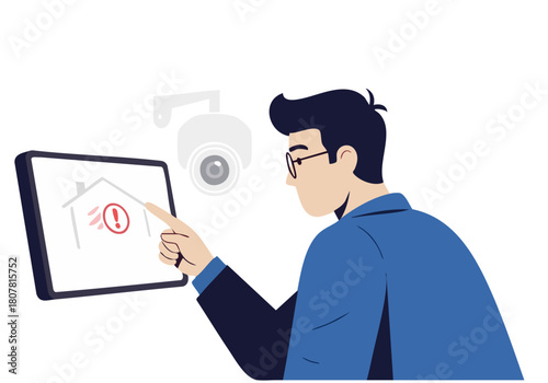 man checks motion detection on a tablet displaying a house with a warning symbol Modern illustration digital art security concept