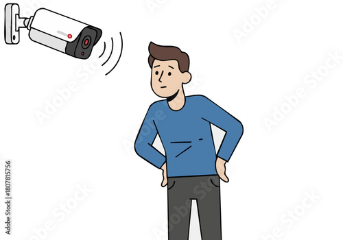 man looks surprised as a security camera emits a sound wave Illustrative style modern design conveying surveillance and awareness