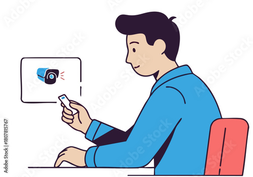 man monitors a security camera on his smartphone displaying motion detection Modern clean illustration Suitable for tech security and lifestyle concepts