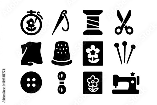 Hand Embroidery Icons. Hand Embroidery. Solid icon set of Hand Embroidery: embroidery hoop, needle, thread spool, scissors, fabric, thimble, pattern template,