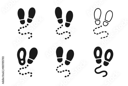 Nature Trail Icons. Hiking and exploring nature trails. Icon set. Set Logo of hiking and exploring nature trails: footsteps leading along a dotted trail.