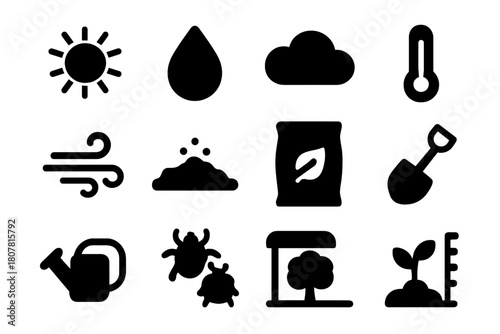 Environmental Icon Set. Environmental Factors. Solid icon set of Environmental Factors: sunlight, rain drop, cloud, temperature gauge, wind, soil, fertilizer