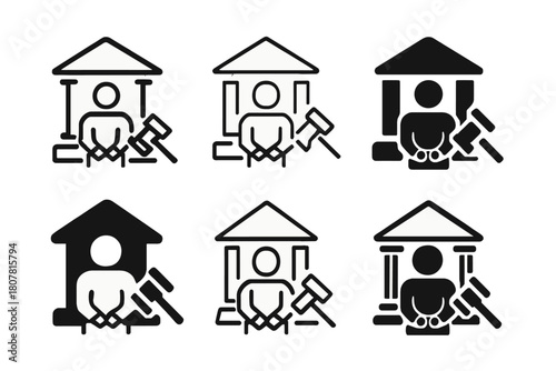 Arrest Scene Icons. Person Arrested on Suspicion of Crime. Icon set. Set Logo of Arrest Scene: courthouse and gavel symbol. harmonious logo variations of the