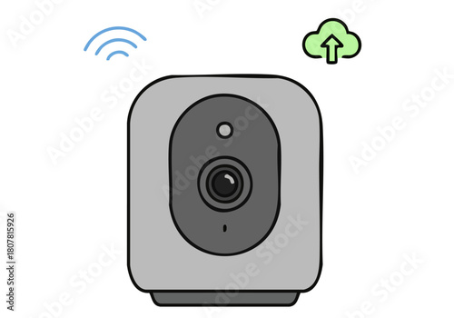 Modern wireless security camerwith cloud backup icon Clean minimalist design Illustrative graphic for network security and data protection  Clear bright and professional