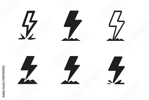 Lightning Icon Set. Lightning strike. Icon set. Set Logo of lightning strike: bolt hitting ground. harmonious logo variations of the same emblematic concept,