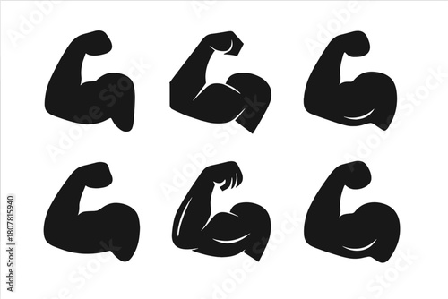 Muscle Icon Variations. Muscle building. Icon set. Set Logo of Muscle building: Biceps flex. harmonious logo variations of the same emblematic concept, each