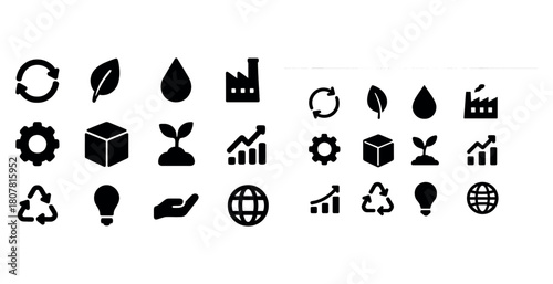Sustainability icons: recycling, growth, industry, ecology symbols