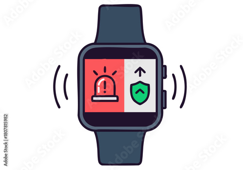 smartwatch displays a backup threat alert with a flashing light and shield icon Modern flat design illustration Suitable for tech security and warning themes