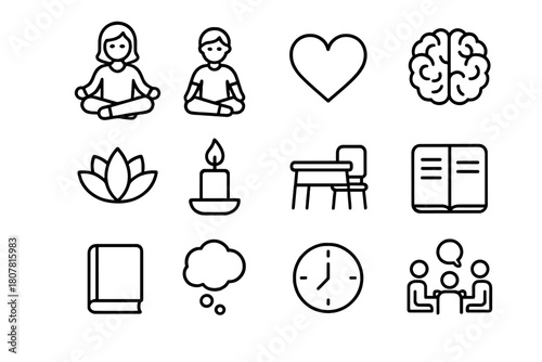 Classroom Mindfulness Icons. Classroom mindfulness. Line icon set of classroom mindfulness: teacher, student, heart, brain, lotus flower, candle, desk,