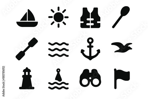 Summer Boating Icons. Summer boating. Solid icon set of Summer boating: boat, sun, life jacket, paddle, oar, water waves, anchor, seagull, lighthouse, buoy,
