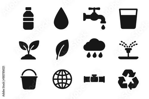 Hydration Icon Set. Hydration awareness. Solid icon set of Hydration awareness: water bottle, water droplet, faucet, glass of water, plant, leaf, rain cloud,