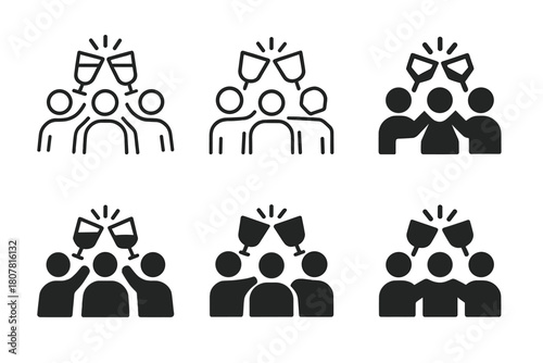 Cheers Logo Variations. Group cheers. Icon set. Set Logo of group cheers: friends toasting. harmonious logo variations of the same emblematic concept, each