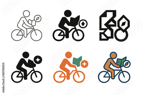 Bicycle Hunt Logos. bicycle treasure hunts. Icon set. Set Logo of bicycle treasure hunts: cyclist with map and compass. harmonious logo variations of the same