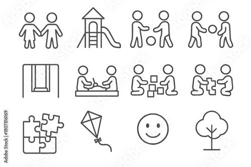 Children's Playdate Icons. Playdates and children interacting with peers. Line icon set of playdates and children interacting with peers: children holding